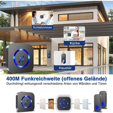 Kabellose Türklingel für den Außenbereich, wasserdicht (IP55) bis 400 m, zwei Sendertasten und ein Empfänger zum Einstecken, blaue LED-Anzeige, 5 Lautstärkestufen und 55 Melodien, Schwarz (1/5)
