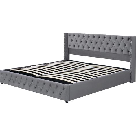 Lit coffre capitonné gris 140 x 200 cm avec sommier hydraulique (1/5)
