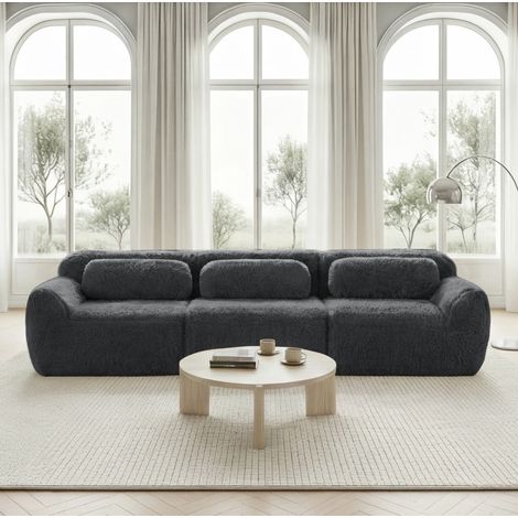 Divano modulare 3 posti grigio in tessuto peluche con cuscini, base antiscivolo e senza montaggio (1/5)