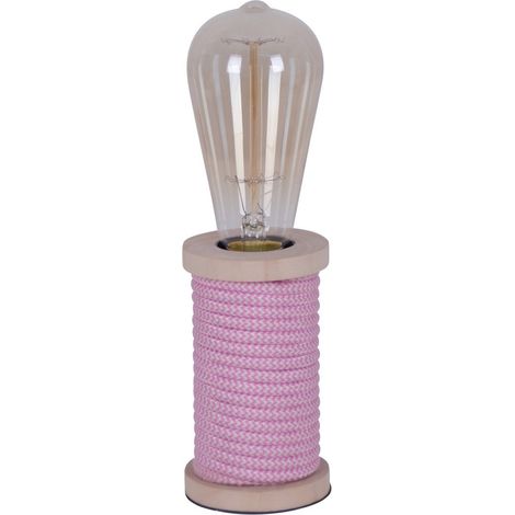 Lampe à Poser Décorative en Bois et Textile Rose et Blanc, Forme Bobine de Fil, E27, Hauteur 12 cm - PANGIVO (1/5)