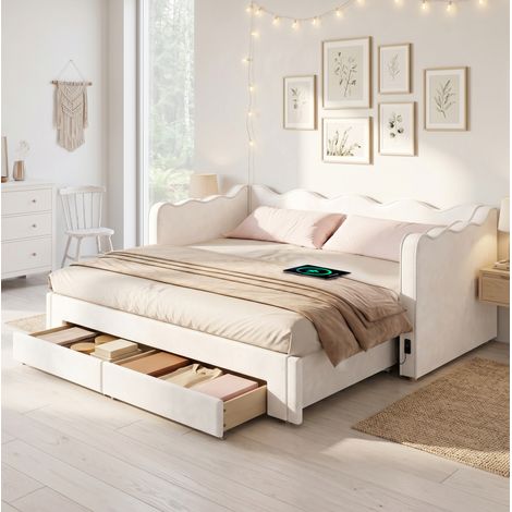 Bett Daybed beige 90x200 cm, Samt, ausziehbar bis 180x200 cm, mit 2 Schubladen sowie USB- und Type-C-Anschluss (1/5)