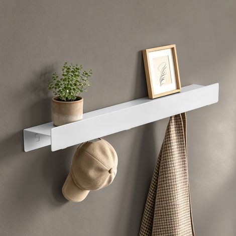 doporro Wandgarderobe mit Ablage, Garderobenleiste 60 cm mit 6 Garderobenhaken Sandweiß, Hakenleiste aus Metall,Kleiderhaken Wand zum Schrauben oder Kleben, Flurgarderobe für Flur, Bad, Küche, Stalo-1