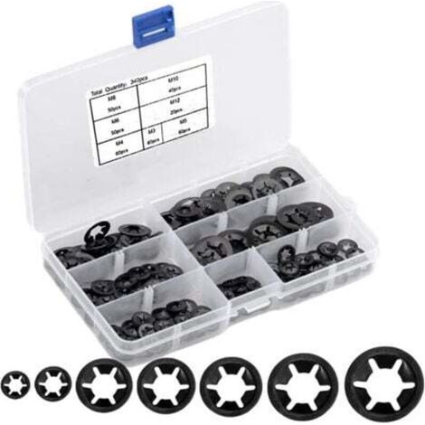 340 rondelles élastiques M3/M4/M5/M6/M8/M10/M12 avec boîte, dentées internes, rondelles frein, assortiment noir (1/4)