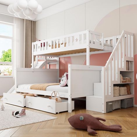 Lit enfant 90200/140200cm, lit superposé en bois massif avec toboggan et étagère, marches de sécurité, deux grands tiroirs et sommier à lattes, blanc, garantie 2 ans