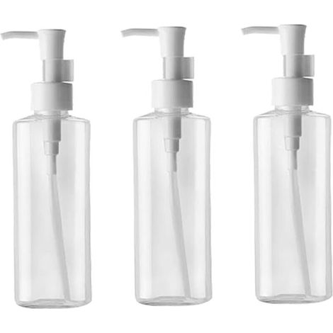 Juego de 3 botellas con dosificador, de plástico transparente, 200 ml, recargables, para champú, ideales para viajes. (1/5)