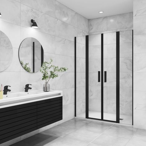 Aica Sanitaire – Porte de douche battante 135x200cm – 2 éléments fixes – Profilé noir mat – Verre anticalcaire 8mm – Montage réversible – Double étanchéité (1/5)