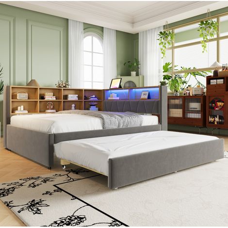 Letto divano moderno 140x200 cm con letto estraibile 90x190 cm, flanella grigio scuro, LED, porte USB/Type-C e vani portaoggetti (1/5)