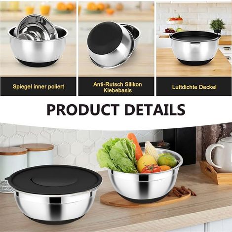 Lot de 5 saladiers en acier inoxydable avec couvercle hermétique - 4,5 l / 2,7 l / 1,5 l / 1,2 l / 0,7 l - Antidérapant et empilable - Pour la cuisine