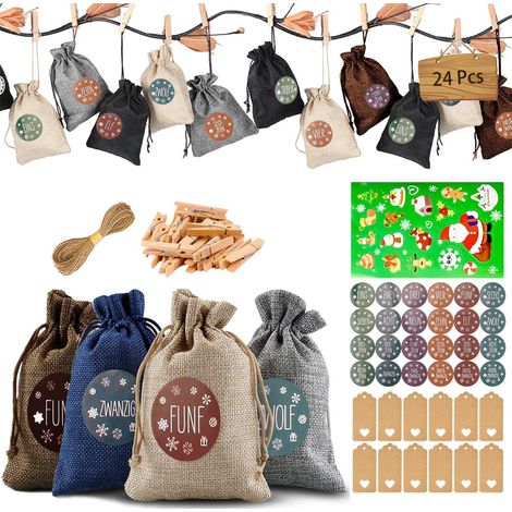 Sonstige Weihnachtsdeko, 24 Weihnachtsdekobeutel, große Geschenkbeutel, Weihnachtsgeschenkbeutel, Weihnachtsgeschenkbeutel mit 24 Zahlenaufklebern