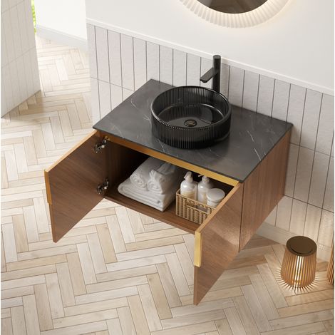 Meuble vasque mural 76 cm avec vasque ronde en verre noir transparent, 2 portes, pierre frittée noir et brun chêne (1/5)
