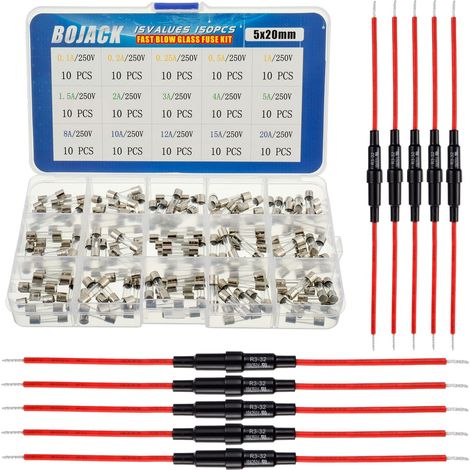 5x20mm Inline Screw Fuse Holder with Red Wire 16AWG + 15 Values 150pcs Fast Blow Glass Fuses 5x20mm 250V 0.1-20A Assortment Kit (1/5)