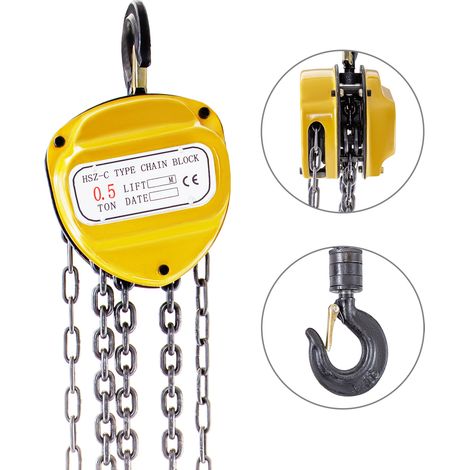 VEVOR Chain Hoist 1100lbs/0.5ton, Chain Block Hoist Manual Chain Hoist 20ft/6m Block Chain Hand Chain Lifting Hoist with Two Hooks Chain Pulley Tackle Hoist Winch Lifting Pulling Equipment in Yellow (1/5)
