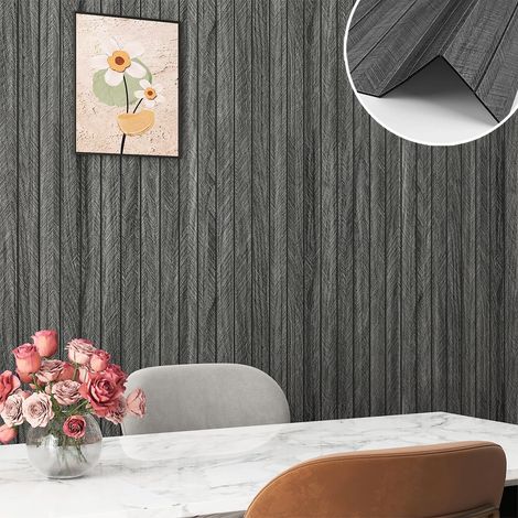 Rouleau Revêtement Papier Adhésif Bois Gris Foncé 90x500cm Panneau Mural Effet 3D Bois Noir Panneaux Muraux Adhesif Décoratif Murals Lamelles Chambre Bureau Salon Entrée Plafond Imperméable (1/5)