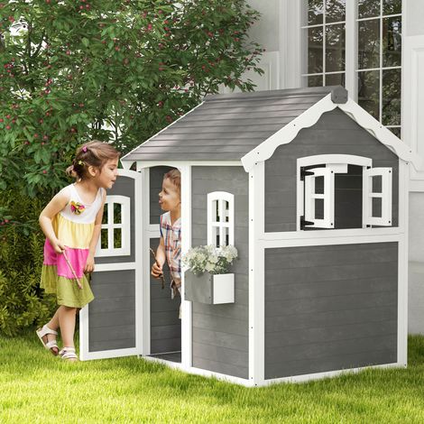 Maison de jeux en bois pour enfants avec portes - patio - jardinier - sols - les enfants de 3 à 8 ans - jardin - pelouse - fenêtres - gris