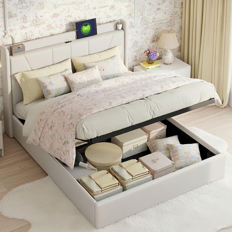 Eifson – Lit coffre double 140x200 cm – Rembourré en lin beige – Système de levage hydraulique – Interface 2USB + 1 Type-C – Espace de rangement optimisé - 1type-c