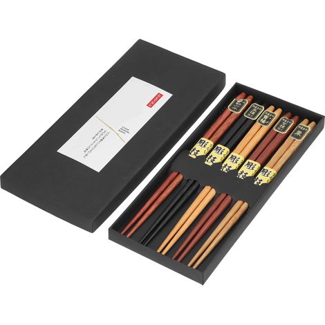 Ensemble de baguettes, 5 couleurs différentes, en bois naturel, design antidérapant, prise en main confortable, réutilisables, baguettes pointues (1/5)