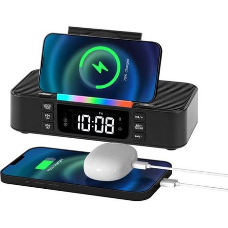 Sveglia digitale con doppio allarme e luminosità regolabile,dotata di caricatore wireless,altoparlante Bluetooth e luce notturna (1/5)