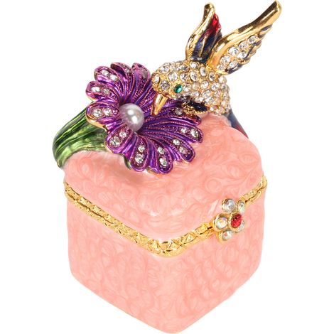 Boîte à bijoux en forme d'oiseau, mini-charnière en métal peinte à la main, pour ranger bagues, boucles d'oreilles et colliers, de couleur rose. (1/5)