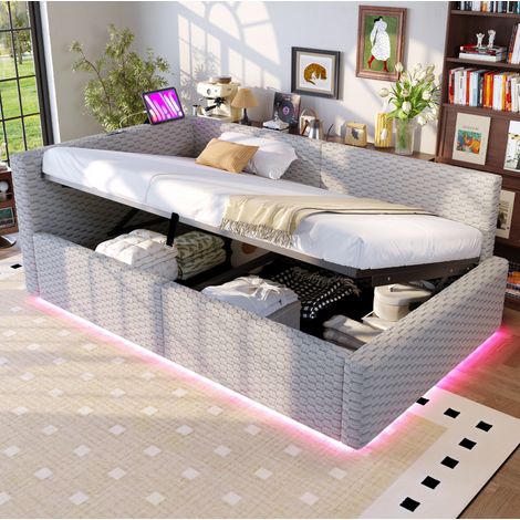 Cama tapizada 90x200 cm con LED, USB y Type-C, canapé hidráulico, terciopelo gris REDOM (1/5)
