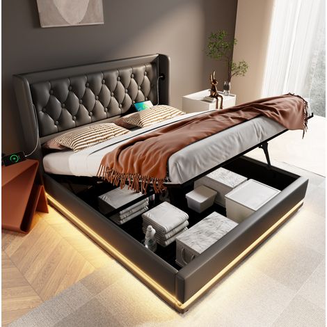 lit adulte double rangement 180x200 PU noir LED OKMYHOME (1/5)