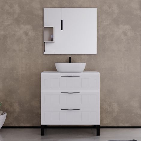 Meuble de salle de bain 70cm avec plateau et vasque à poser ovale - 3 tiroirs - blanc - CALA (1/5)