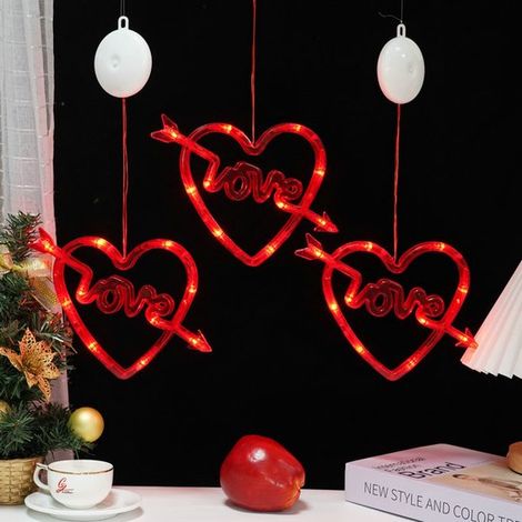 Set mit 3 Valentinstags-Fensterlichtern mit Timer，hängende rote LOVE-Herz-LED-Lichter mit Saugnapf，geeignet für die Feiertage
