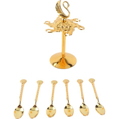 Ensemble de 6 Cuillères à Café avec Support Cygne en Alliage de Zinc Poli Miroir Doré pour Dessert et Fruits (1/5)