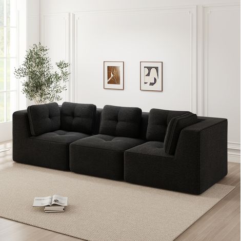 Canapé d'angle modulable noir en velours côtelé avec assise profonde 74 cm, sans montage Canapé compressé (1/5)