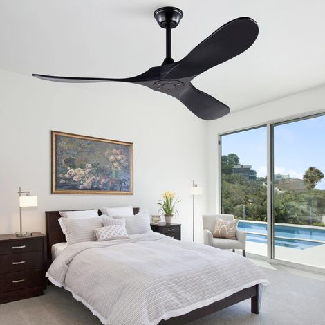 Ventilateur de plafond sans lumière, silencieux pour chambre et salon avec télécommande, 3 pales en bois massif de paulownia 132 cm, Noir (1/5)