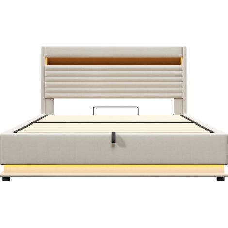 Polsterbett mit Bettkasten 180x200 cm beige in Leinen, LED, USB-C und Hydraulik (1/5)