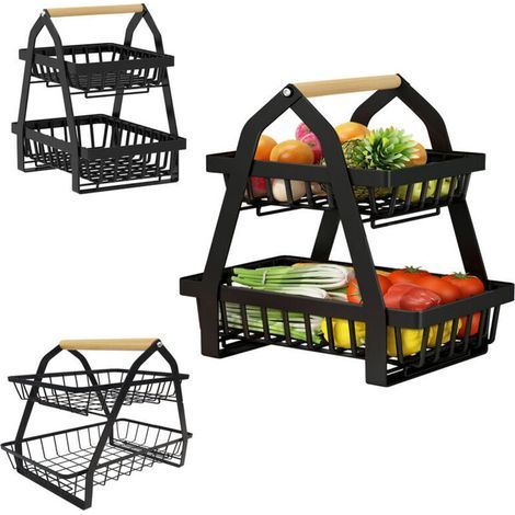 Corbeille à fruits Rack, 2 tier Fruit Etagère, Support amovible pour fruits Cuisine Corbeille de rangement pour cuisine Stockage fruits(Noir) (1/5)