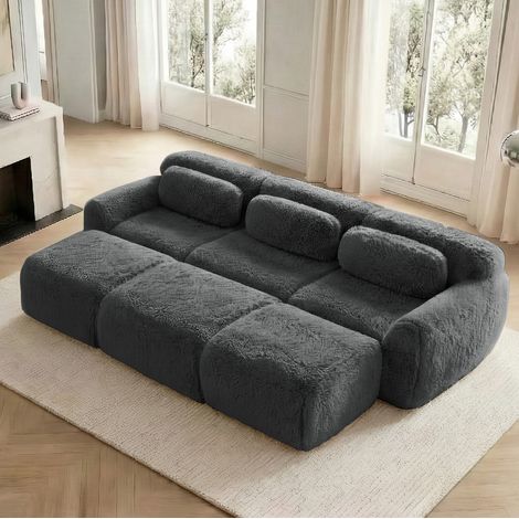 Divano modulare 3 posti grigio in tessuto plush senza struttura con 3 pouf (1/5)