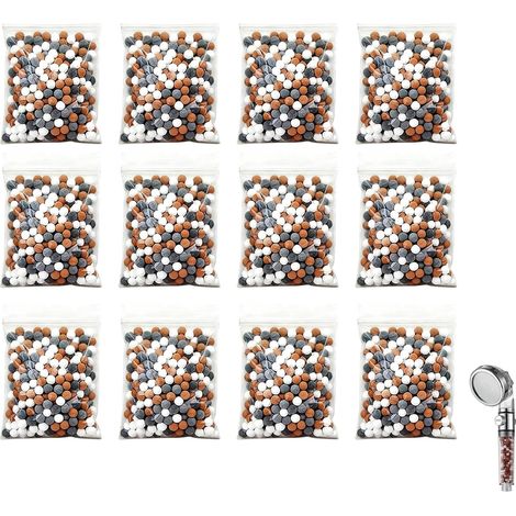 12 Recharges de billes minérales anti-calcaire pour pommeau de douche, technologie de filtration à ions négatifs, système tricolore (rouge, gris et blanc), compatibles avec les douchettes filtrantes (1/5)