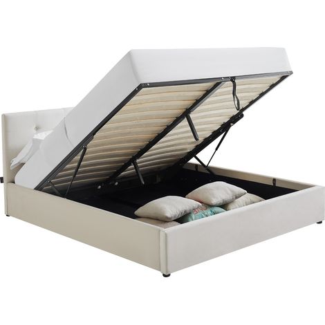 Lit coffre adulte 160x200 cm avec tête de lit matelassée en velours beige et sommier - Tina (1/5)