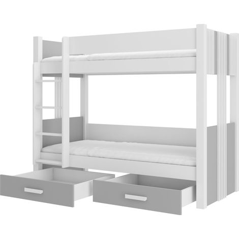 Lit superposé blanc et gris clair 2 couchages 80x180 ou 90x200 avec tiroirs de rangement Luka-2 matelas 80x180-80x180 (1/5)