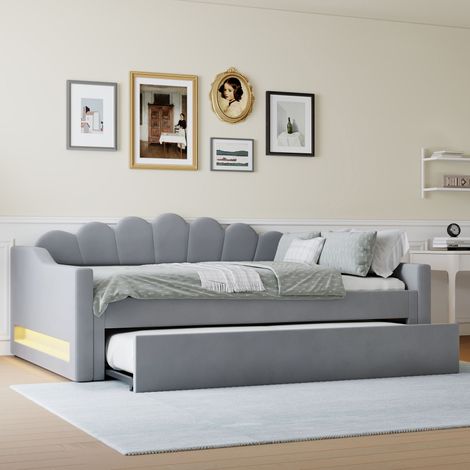 Cama nido tapizada de lino gris 140x200 cm con cama extraíble y LED, estructura de MDF y contrachapado