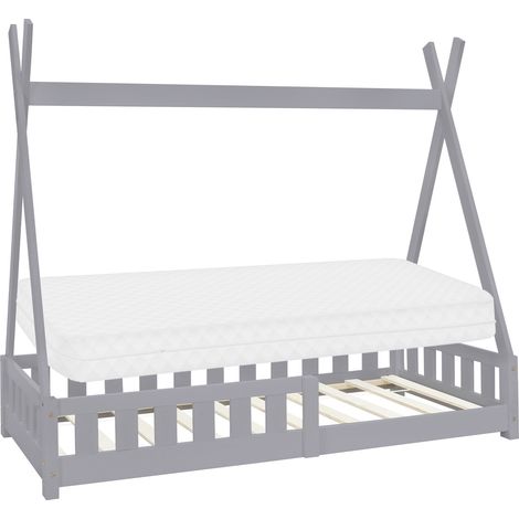 ML-Design Letto a Terra per Bambini Design Tipi 80 x 160 cm Grigio, in Legno di Pino Massiccio, con Sponde Protezione Anticaduta e Materasso Sfoderabile in Schiuma Fredda, Giroletto Montessori