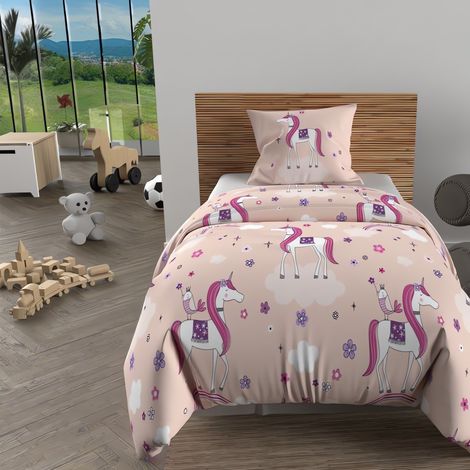 Soleil D Ocre – Parure de lit housse de couette 140x200 cm licornes rose – 100% coton 57 fils/cm2 – Entretien facile – Lavage 40° en machine