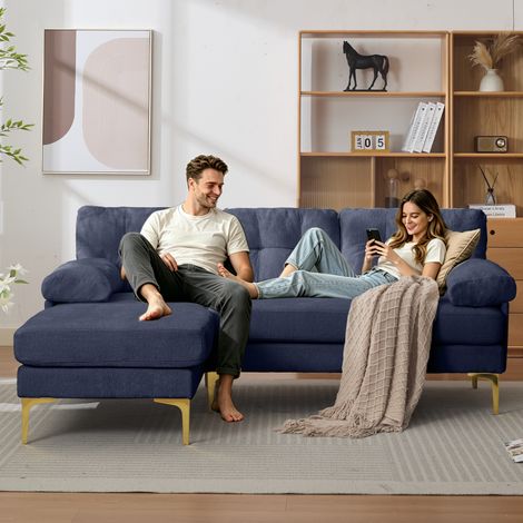 [Nouveautés] [Vidéo disponible] Canapé d'angle 3 places de 187,5 cm, avec 3 coussins d'assise, méridienne réversible (gauche/droite), accoudoirs rembourrés, revêtement en chenille, pieds en métal, ble (1/4)
