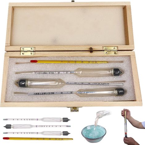Hydrometer-Alkoholtester-Testkit, 3-teilig, 0-100 Proof Alkoholtester, präzises graduiertes Alkoholmessgerät mit Thermometer und Holzbox für Wein, Bier, Apfelwein, Tests und Destillation (1/5)