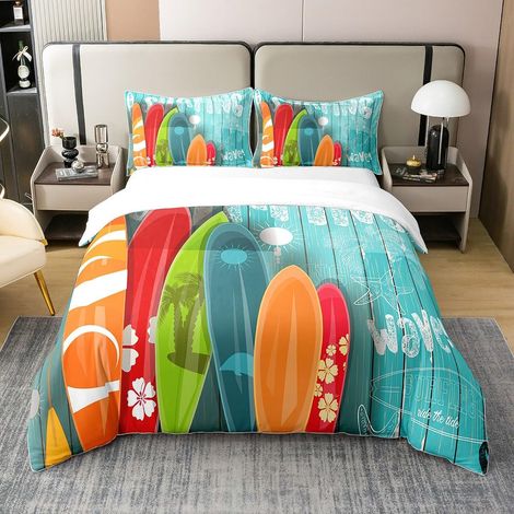 Plage thème Coton Housse de Couette 200x200cm océan Palmier Planche de Surf Literie Set Vacances d'été pour Les Enfants Literie Set Super Doux Hawaiian Beach Decor Housse de Couette - 200 x 200 cm + 2 (1/5)