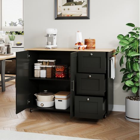 Isla de cocina móvil plegable L135 x P44(70) x H90 cm, MDF negro con tablero efecto roble, REDOM (1/5)