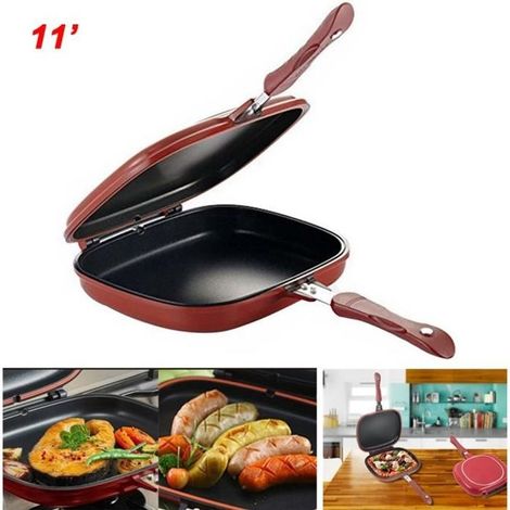 Poêle grill double face antiadhésive à fond plat - SURENHAP - 28cm - Rouge - Poignée magnétique (1/4)
