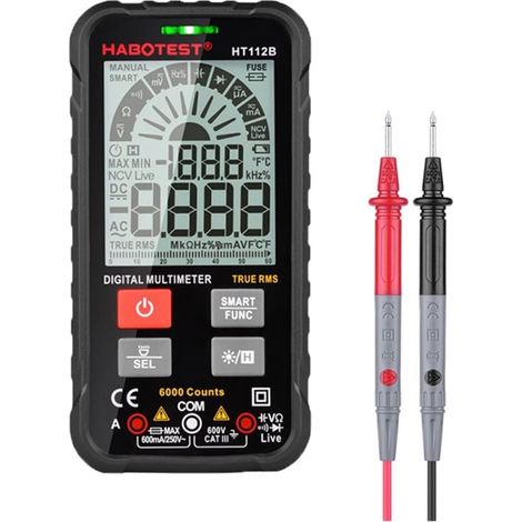 Multi-testeurs numériques Portable Multimètre Smart Smart Multimètre AMP HZ Ohm Capacittance Testeur de batterie Ncv Voltmètre Auto Plage 6000 Compte Ht112b avec fonction de tension sous tension, phas (1/5)