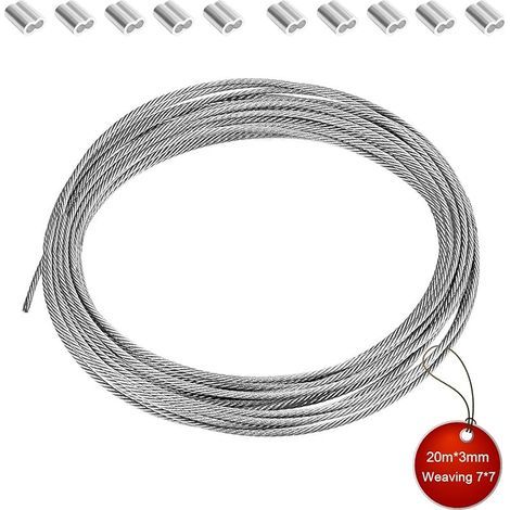 Fil Acier Inoxydable, 20 Mètres Câble Métallique en Acier Inoxydable, Diamètre 3 mm Fil Inox, avec 10 Pinces, Pour étendre Le Linge, Suspendre des Guirlandes Lumineuses ou Décorer (1/5)