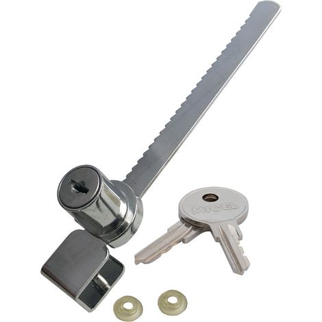 Cerradura vitrina, modelo cm08, de zamak con acabado cromo brillo, 120 x 26 x 25 mm, blister