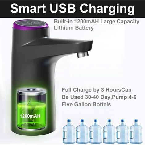 Distributeur d'eau automatique, pompe à bouteille d'eau, pompe à eau potable, distributeur d'eau, distributeur d'eau électrique, pour camping, maison, bureau, rechargeable (noir) (1/2)