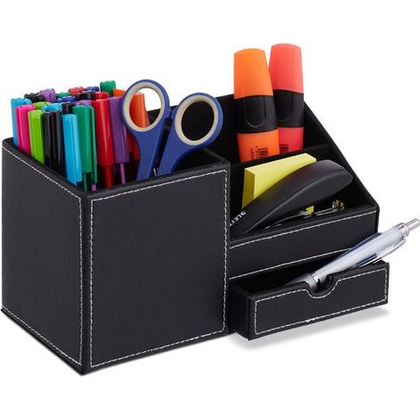 Portapenne con 3 scomparti, cassetto, 12 x 22,5 x 11 cm, organizer da scrivania, similpelle, nero (1/5)