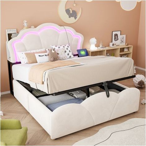 Lit Rangement Enfant 140x200 Velours Beige avec LED - Lit Enfant - Grand Coffre Hydraulique Tête de Lit Prises Design Floral Sommier (1/5)