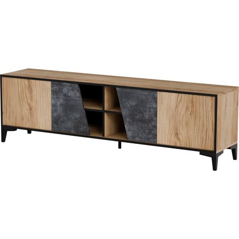Meuble TV design couleur chêne et béton foncé avec 4 portes Ludwig (1/4)